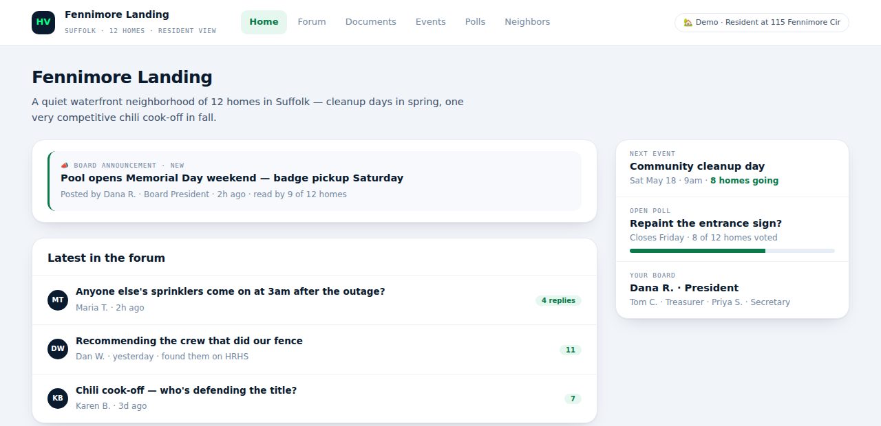 The Fennimore Landing community home page in the demo: a board announcement, the latest forum posts, the next event and an open vote.