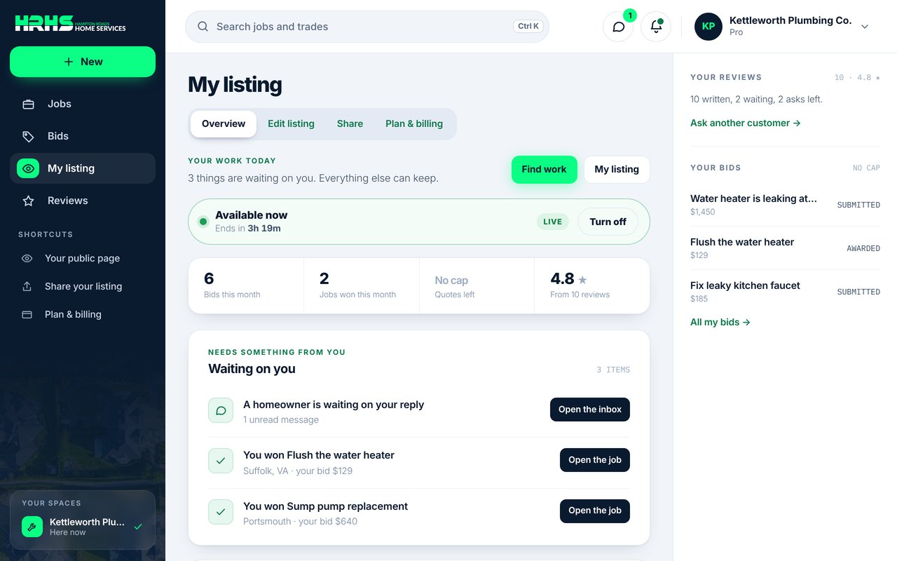 The pro app demo: Kettleworth Plumbing Co.'s My listing screen