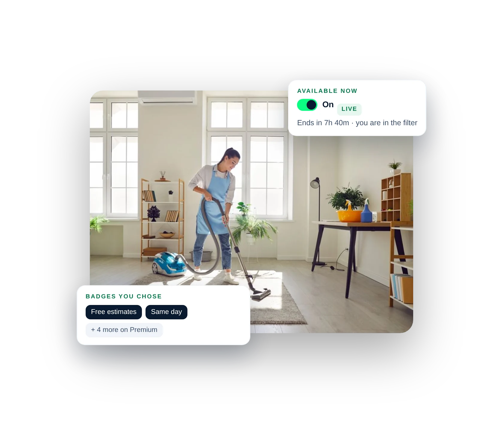 A house cleaner at work, with the Available now switch on and the badges she chose