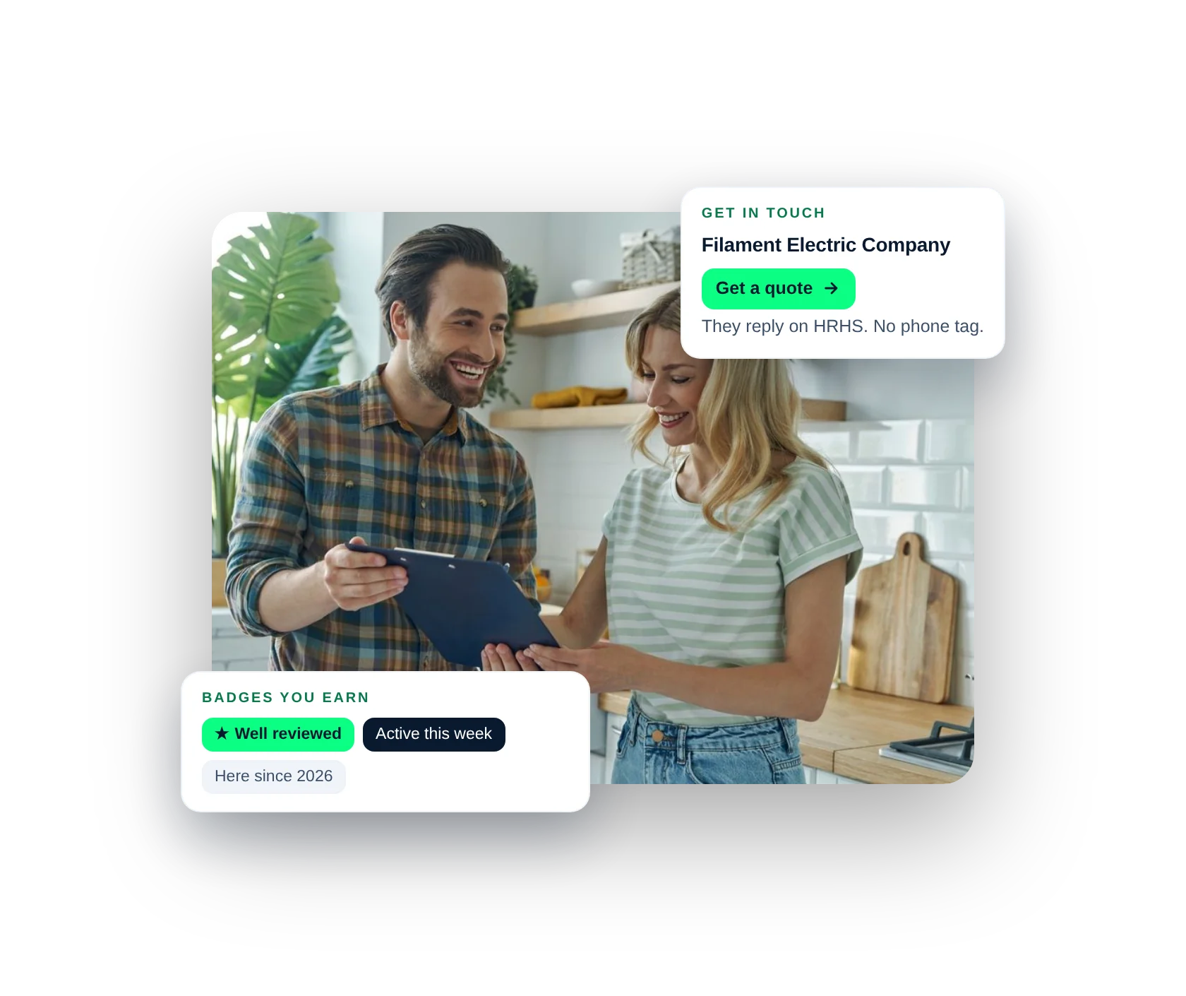 A contractor going over a quote with a homeowner, with the Get a quote button and the badges a pro earns