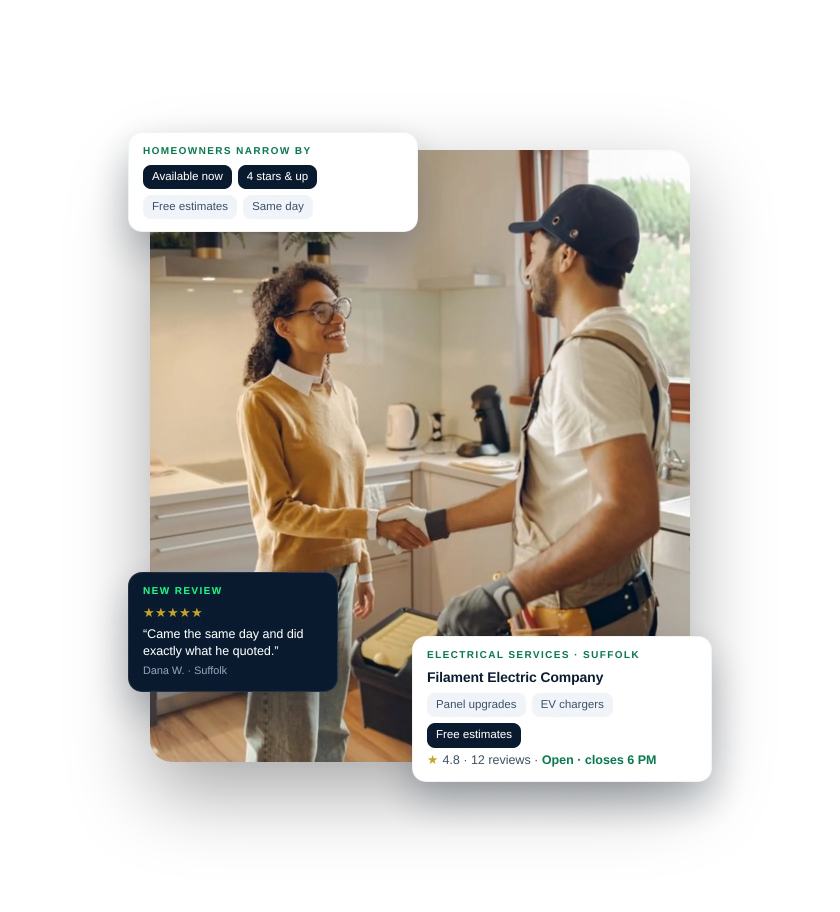 A homeowner shaking hands with a service pro, with his directory card, the filters she used and a new five-star review