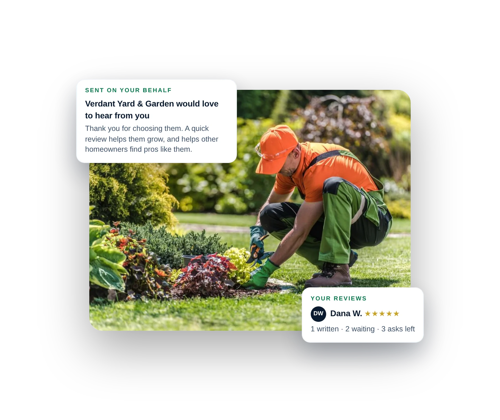 A landscaper at work, with the review request we send on their behalf and their reviews card