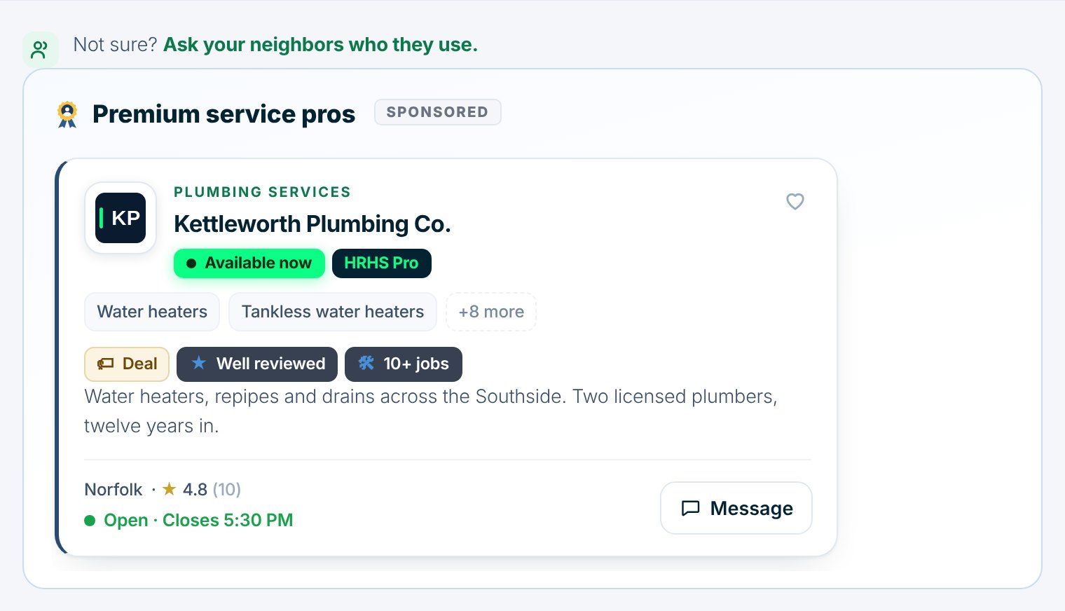 The directory: Premium service pros, marked Sponsored, at the top, with Kettleworth Plumbing Co. first