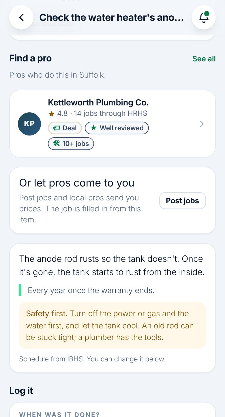A homeowner's maintenance log: the water heater job is due, and Find a pro shows Kettleworth Plumbing Co. first
