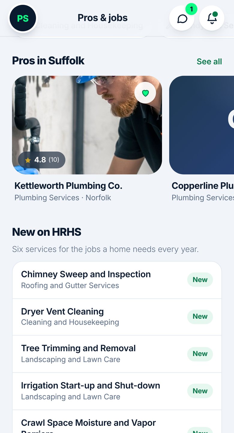 The Pros & jobs tab in the homeowner app: Pros in Suffolk, with Kettleworth Plumbing Co. first
