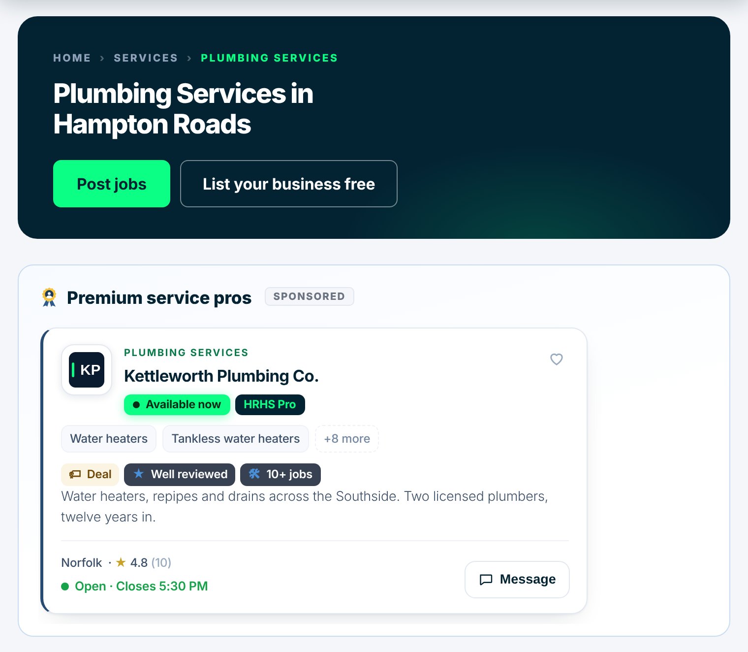 The Plumbing Services in Hampton Roads page, with Premium service pros featured at the top