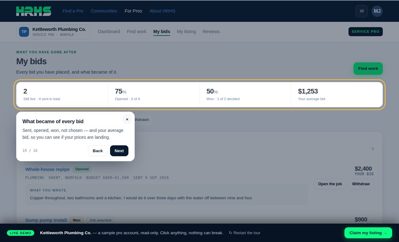 The pro portal demo: My bids