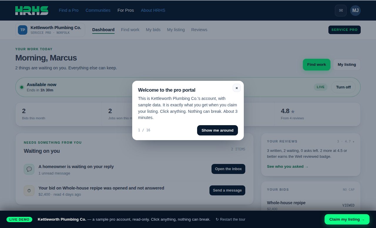 The pro portal demo: the dashboard