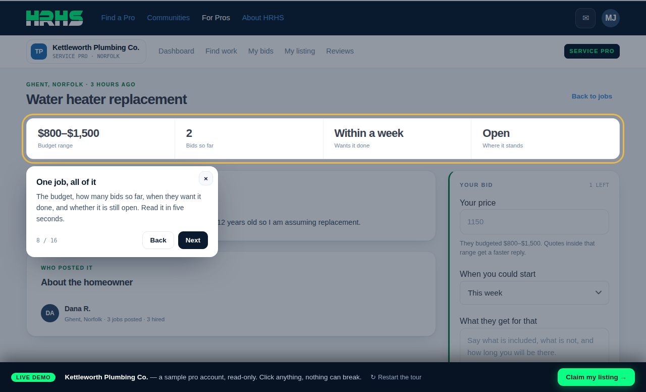The pro portal demo: a posted job