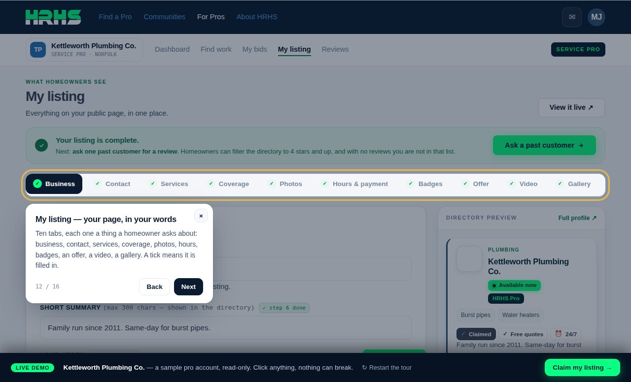 The pro portal demo: the listing editor