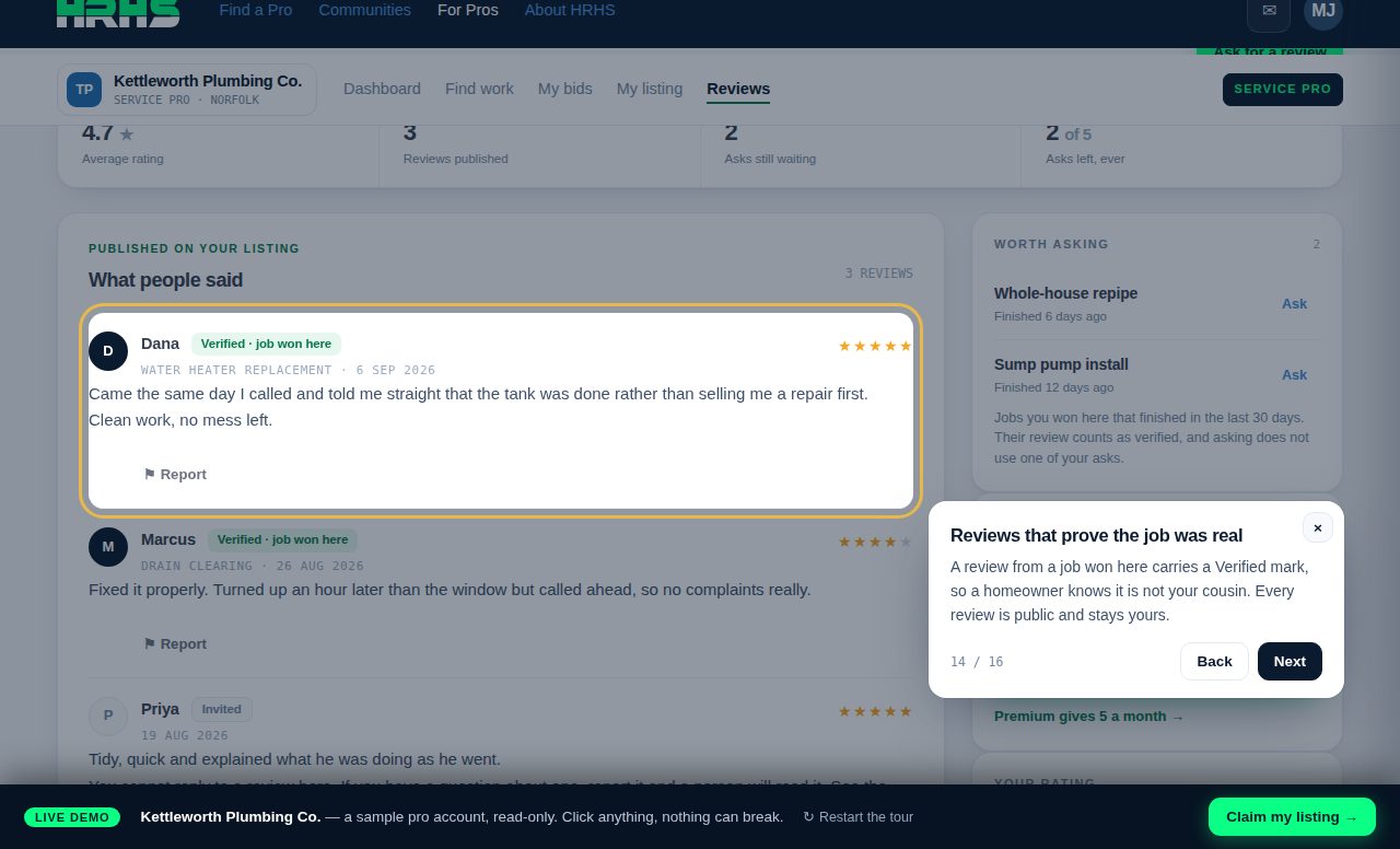 The pro portal demo: Reviews